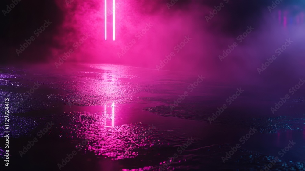 Poster empty background scene. dark street reflection on wet asphalt. rays of neon light in the dark, neon 