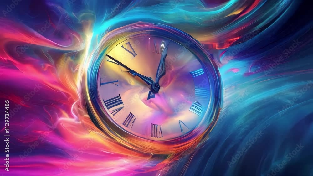 Poster a clock face distorts in a swirling vortex of vibrant colors, depicting the abstract concept of time