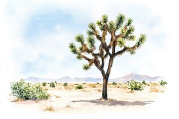 A stunning watercolor illustration of a Joshua tree in a desert landscape, capturing the serene beauty of nature.
