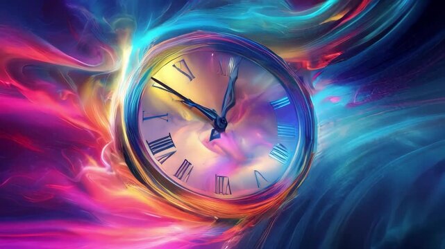 A clock face distorts in a swirling vortex of vibrant colors, depicting the abstract concept of time.. AI Generation