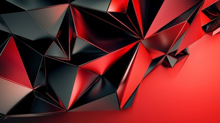 Rich red and black tones with sharp, angular lines