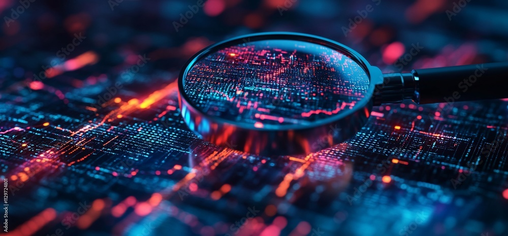 Poster magnifying glass over a circuit board with glowing data.