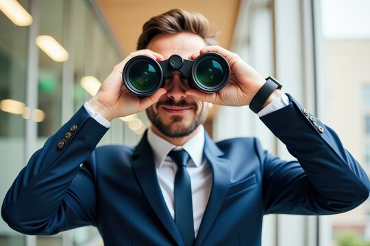 Confident Businessman with Binoculars: Vision, Leadership, and Future Focus