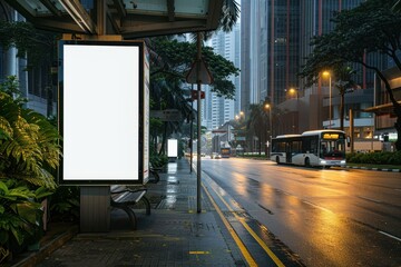 Empty billboard mock up at CBD bus stop in Singapore