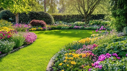 Obraz premium Vibrant Spring Garden with Colorful Flowers and Lush Greenery