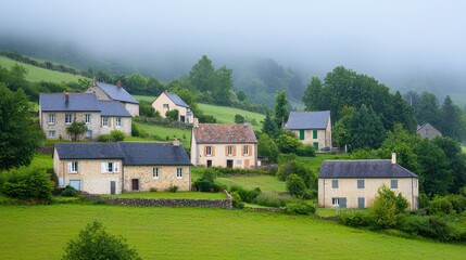Fototapeta premium Scenic Rural Village in Misty Landscape with Green Hills and Houses