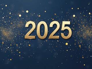 Gold 2025 on dark blue background with glitter.