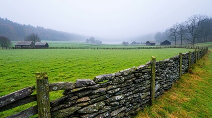Serene Misty Landscape with Stone Wall and Green Pasture