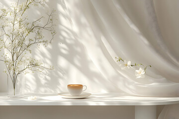 Latte art in white cup on table, sunlight, flowers.