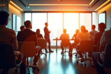 Obraz premium Professional Business Meeting in Modern Office Space: Ideal for Corporate Presentations, Teamwork, and Leadership Content
