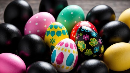 Fototapeta premium Colorful easter egg among plain black eggs