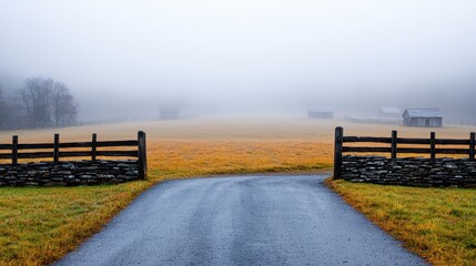 Fototapeta premium Serene Foggy Landscape with Country Road and Rustic Barns