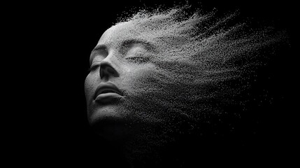 Woman's face disintegrating into dust particles against a black background.