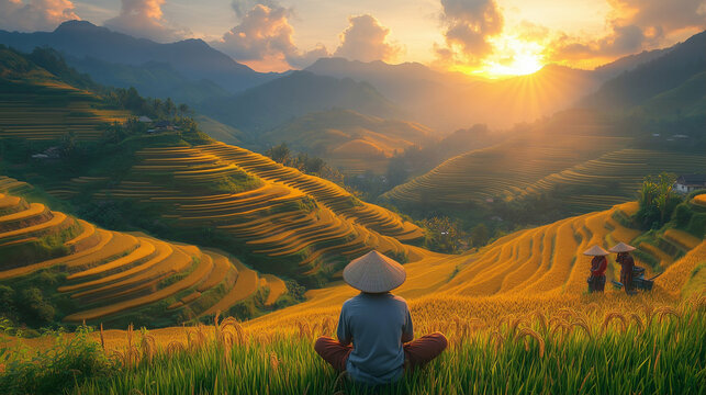 Rice terraces at sunset with vibrant golden fields and peaceful landscape scenery in rural Asia