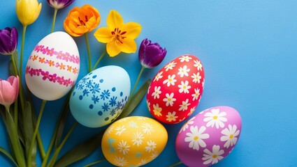 Fototapeta premium Colorful easter eggs and flowers on blue background