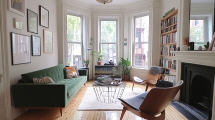 Fototapeta premium Green Sofa Living Room With Bay Windows And Bookshelves