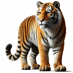 Naklejka premium Tiger isolated on a white background, Side view, tiger standing full HD image generated by Ai. full body, realistic, full detail looking at the camera.