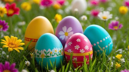 Colorful easter eggs nestled in grass and flowers