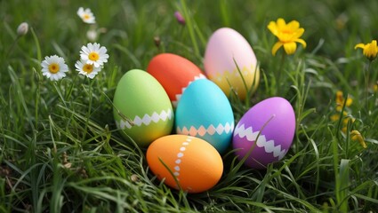 Fototapeta premium Colorful easter eggs nestled in green grass