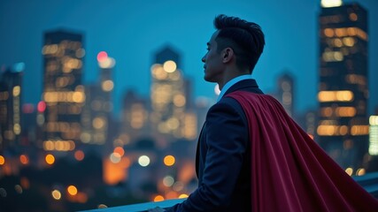 Empowering Superhero Businessman Overlooking Cityscape at Night