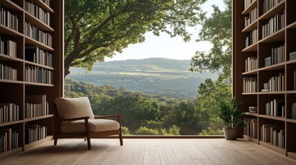 Cozy home office study with wooden bookshelves. Large windows offer views of rich landscape including trees, hills. Comfortable chair placed near window for relaxing, enjoying scenery. Versatile