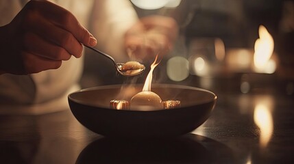 Chef flamb?s a dessert sphere in a dark bowl with a spoon.
