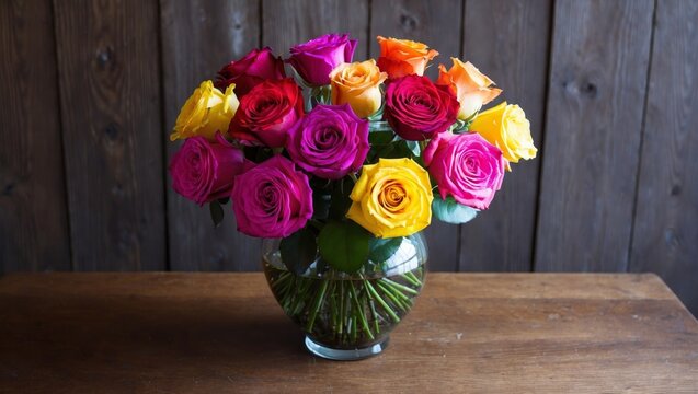 Colorful roses arranged in vase on wooden table