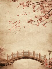 A classic Chinese art background with soft beige textured paper, The top has cherry blossom petals falling