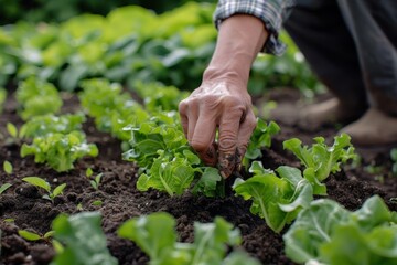 Farmer planting lettuce seedlings in garden
