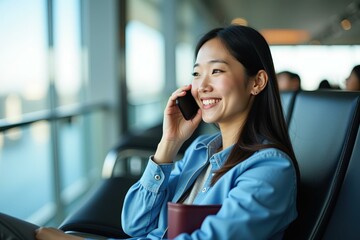 Obraz premium Professional Asian Woman Talking on Phone in Airport, Ideal for Business and Travel Content