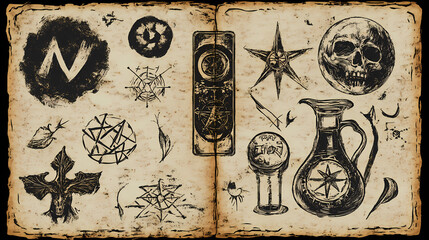 Hand drawn halloween illustration of old page with wicca and mystic symbols from witch magic spell book. gothic, occult and esoteric background. Alchemy. Illustration