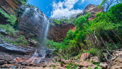 Katoomba Blue Mountains majestic waterfalls. walking to bottom of the mountains you arrive at these beautiful waterfalls in Sydney NSW Australia 