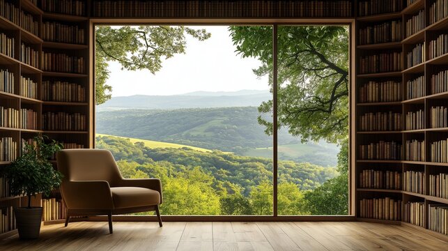 Fototapeta Cozy home office library. Large window offers view of scenic hills, trees. Rustic wooden bookshelves with books. Comfortable armchair in room. Ideal for virtual meeting backgrounds home office