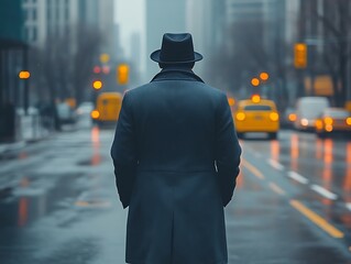 Man in Fedora Walking City Street Rainy Day