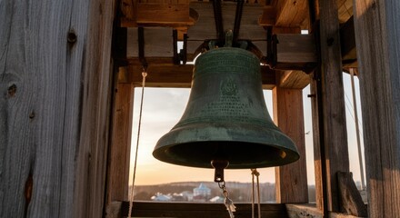 Obraz premium Old bronze bell hanging in wooden tower at sunset