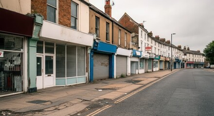 Abandoned shops in deserted street on overcast day