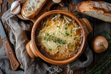 French onion soup with cheese baguette and thyme on rustic wooden table top view
