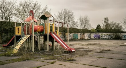 Abandoned playground with rusted equipment and graffiti-covered walls