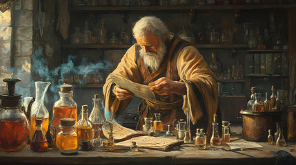 Medieval alchemist working in a laboratory background mysterious alchemist surrounded by potions and scrolls in an ancient laboratory. Alchemy. Illustration