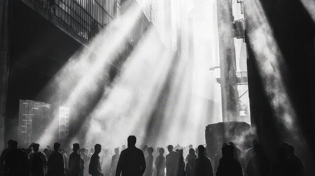 A dynamic urban snapshot capturing a crowd in motion under fragmented sunlight piercing through industrial structures, focusing on contrasts between light and shadow, evoking a sense of energy and ano