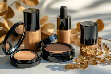 Makeup products foundation, powder, serum, in elegant black packaging, with gold leaves.