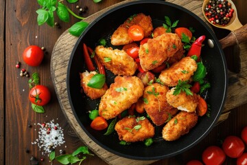 Fried chicken nuggets and vegetables in frying pan on table