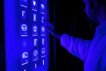Man uses a futuristic touchscreen interface.
