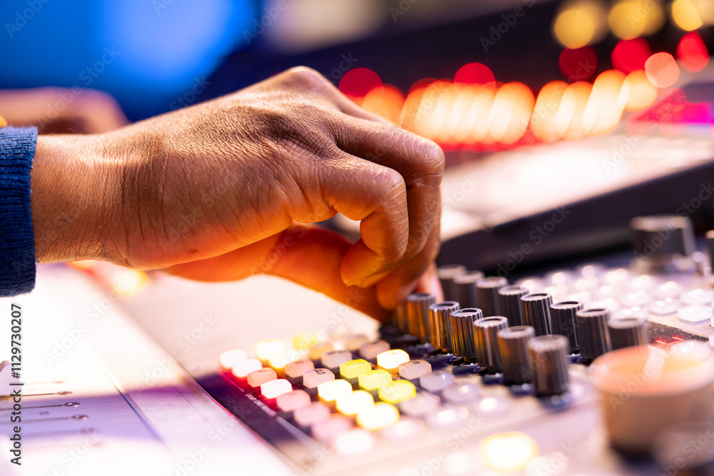Poster African american sound engineer operates audio console in control room, pushing faders and twisting knobs to adjust settings on tracks. Music producer composing new music in studio. Close up.