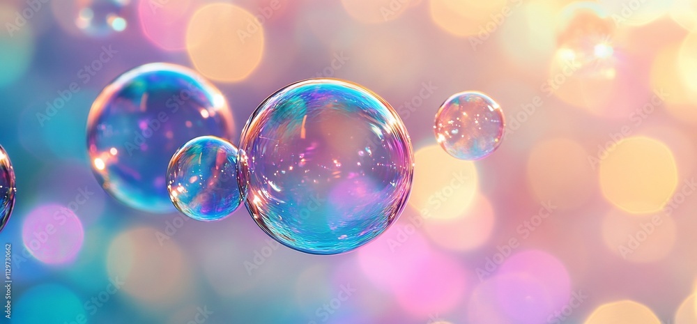 Poster colorful iridescent soap bubbles float against a bokeh background.