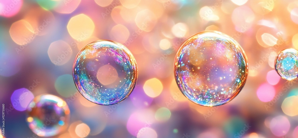 Poster colorful soap bubbles float against a bokeh background.