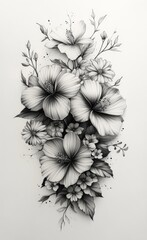 Monochrome pencil sketch of hibiscus and various flowers bouquet.