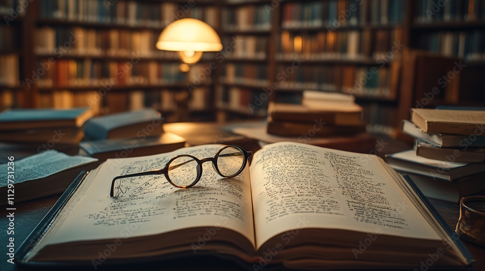 Poster open book with glasses on a table in a library.