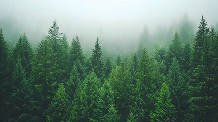 Fototapeta premium Misty evergreen forest aerial view.