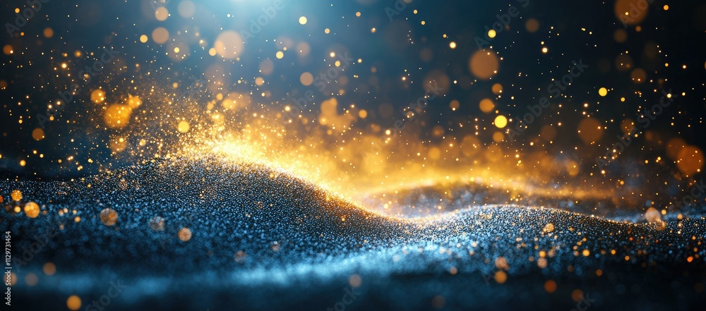 Poster abstract glowing particles forming a wavy landscape with bokeh effect.